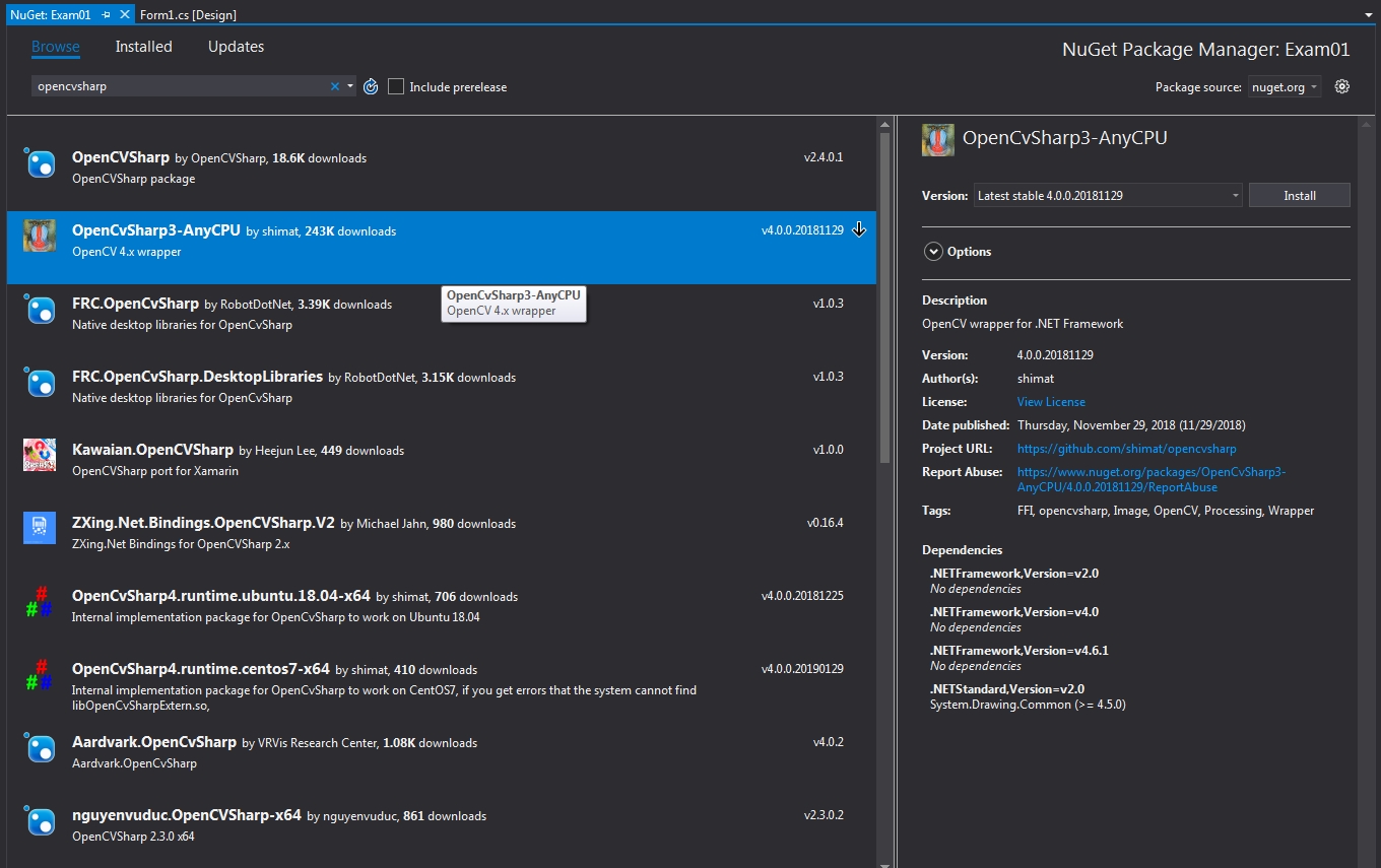 OpenCvSharp Install 1